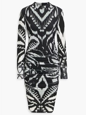 FARM Rio Black & White ruched printed stretch-tulle midi dress